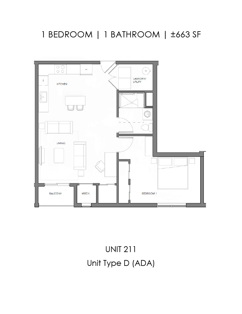 Floor plan for 1 bed, 1 bath, 663 sqft